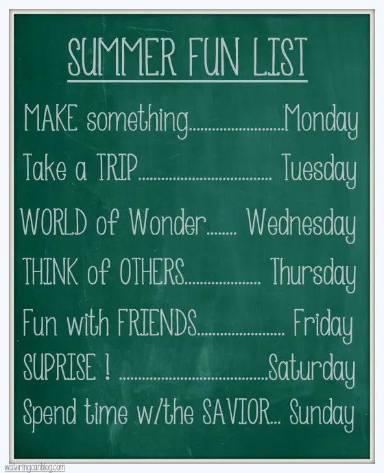 Chalkboard with List of Weekly Summer Activites