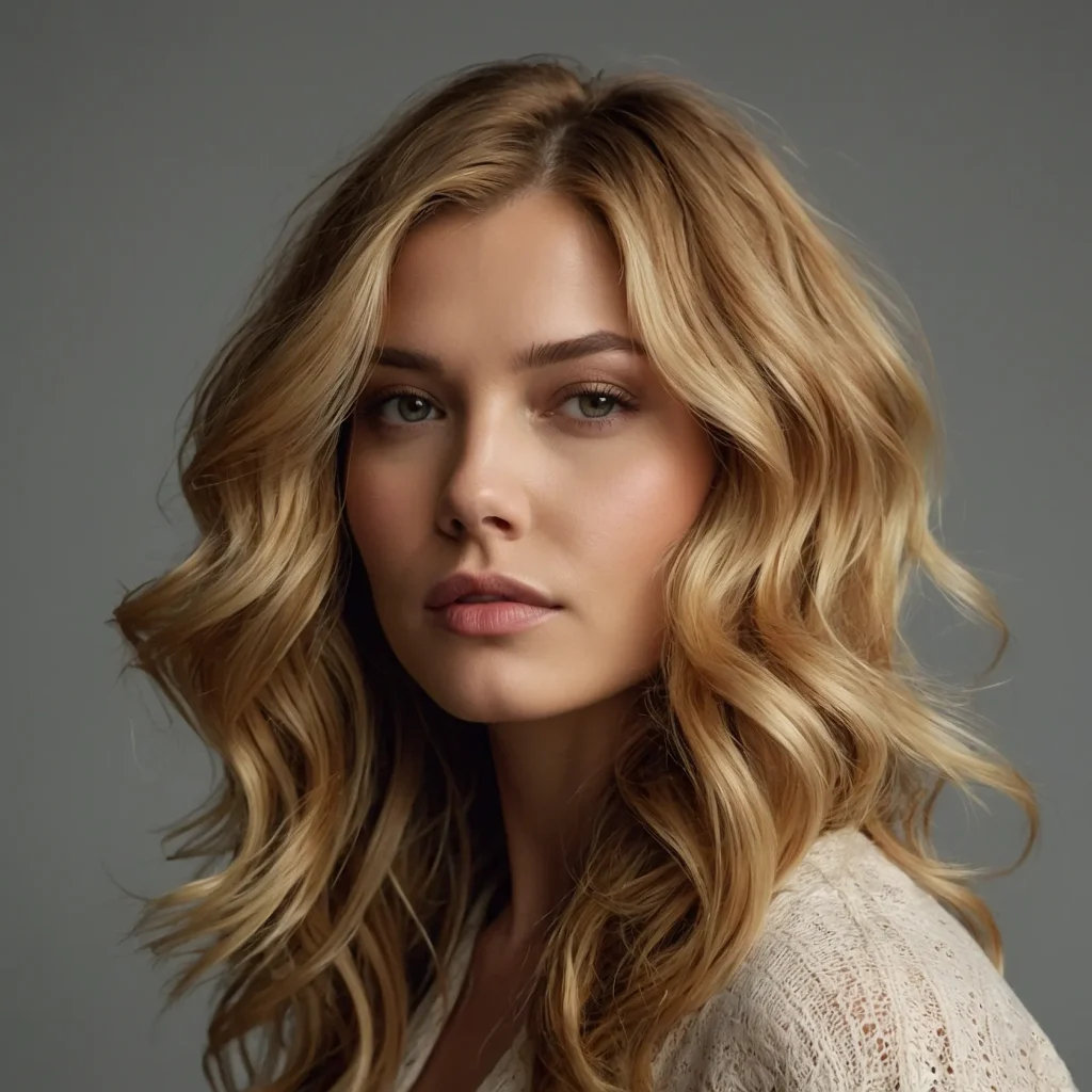 Realistic photo of a woman with thick, medium-length hair in a natural indoor setting, side or 3/4 view. Hair styled with bold blonde balayage ribbons that enhance the volume and catch the light, creating a shiny, multi-dimensional look. The lighting should highlight the texture and color contrast, with a soft-focus background such as a modern salon or neutral room. Focus on the hair's structure and shine, minimal emphasis on facial details.