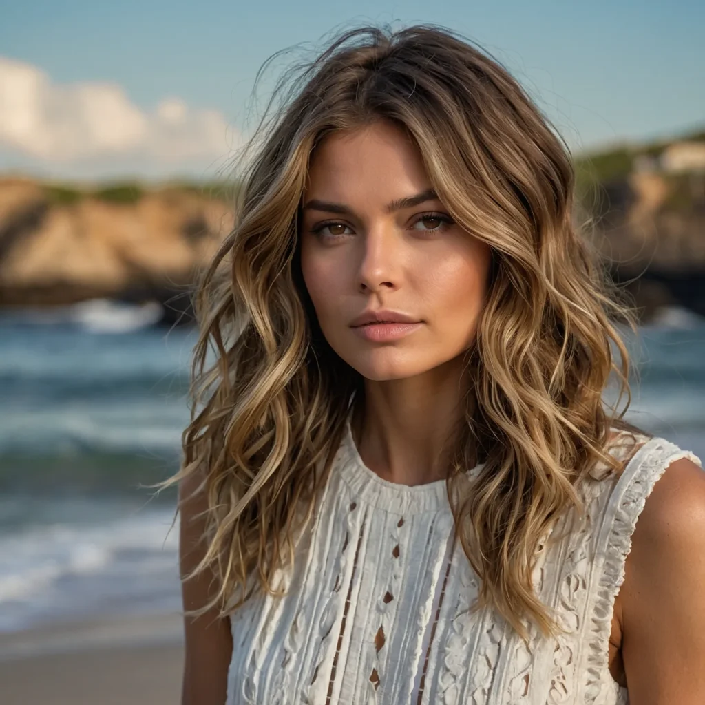Realistic photo of a woman with medium-length brunette hair featuring subtle highlights just one shade lighter than the base color. The highlights are soft, blended, and natural-looking, designed for low-maintenance upkeep. Hair is smooth and slightly wavy, styled in a middle part. Captured in natural lighting with a neutral indoor background or soft daylight setting, minimal makeup, and the focus clearly on the hair texture and color contrast. Shot in 3/4 angle to showcase the dimension of the subtle highlights throughout the layers.
Ask ChatGPT