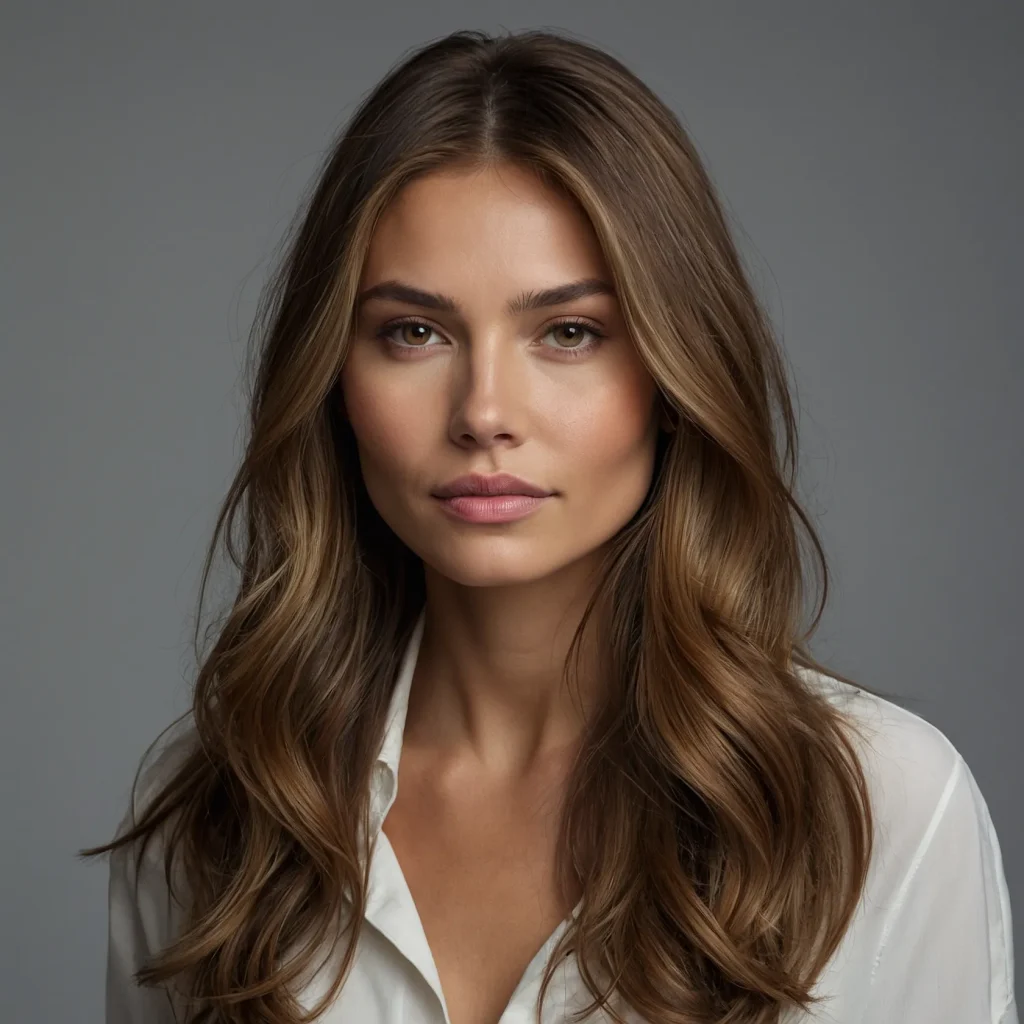 A woman with medium-length layered hair styled in loose, soft waves, showcasing a realistic golden silvers blonde blend — the hair color features a cool platinum base subtly warmed with natural golden undertones, creating a wearable, high-shine metallic finish. Shot in natural daylight near a salon window, the hair reflects both silver and gold tones in a balanced gradient. The camera captures a close-up 3/4 angle view from the side to emphasize the dimension and tonal transition. Background is neutral and slightly blurred to keep focus on the hairstyle. No heavy makeup, just a clean, natural look to keep attention on the hair.