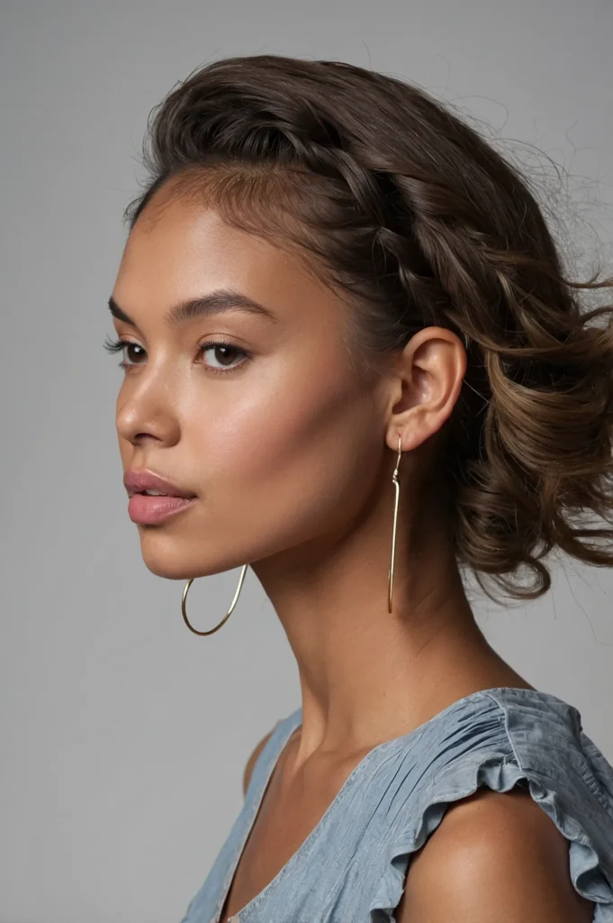 A model twisting bangs on one side and pinnin