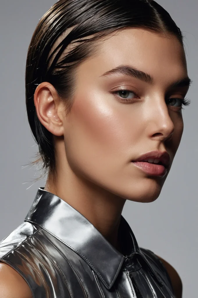 A sleek gelledback hairstyle with wetlook fin