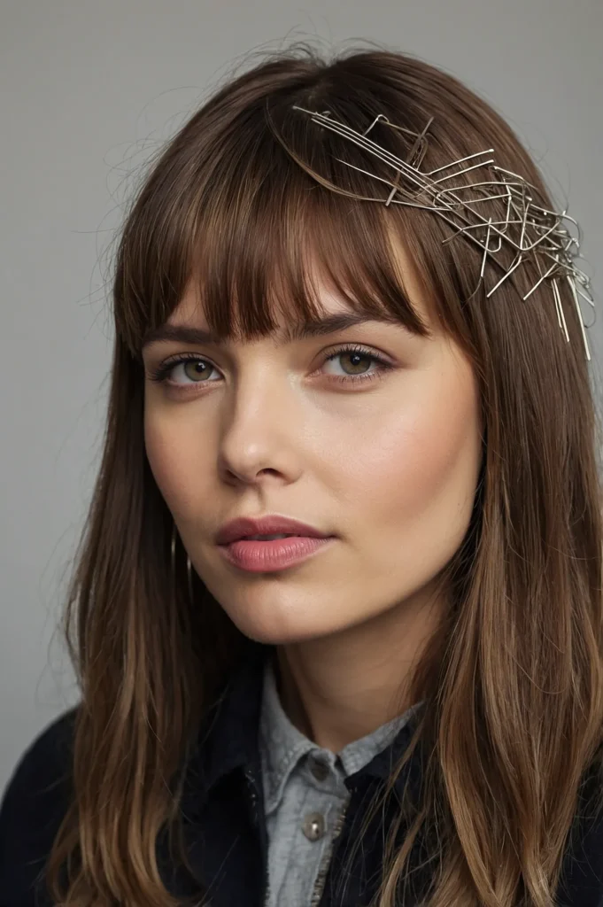 A woman with bangs brushed back and secured w