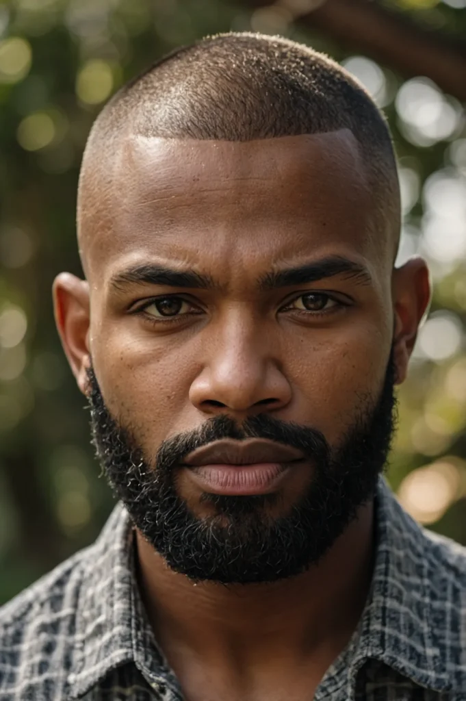 Buzz Cut with Beard FadeBlack man with a clos