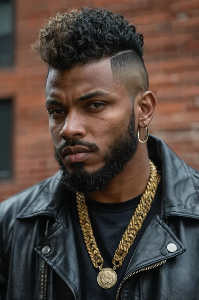 Curly Mohawk Wolf CutA Black man with a curly