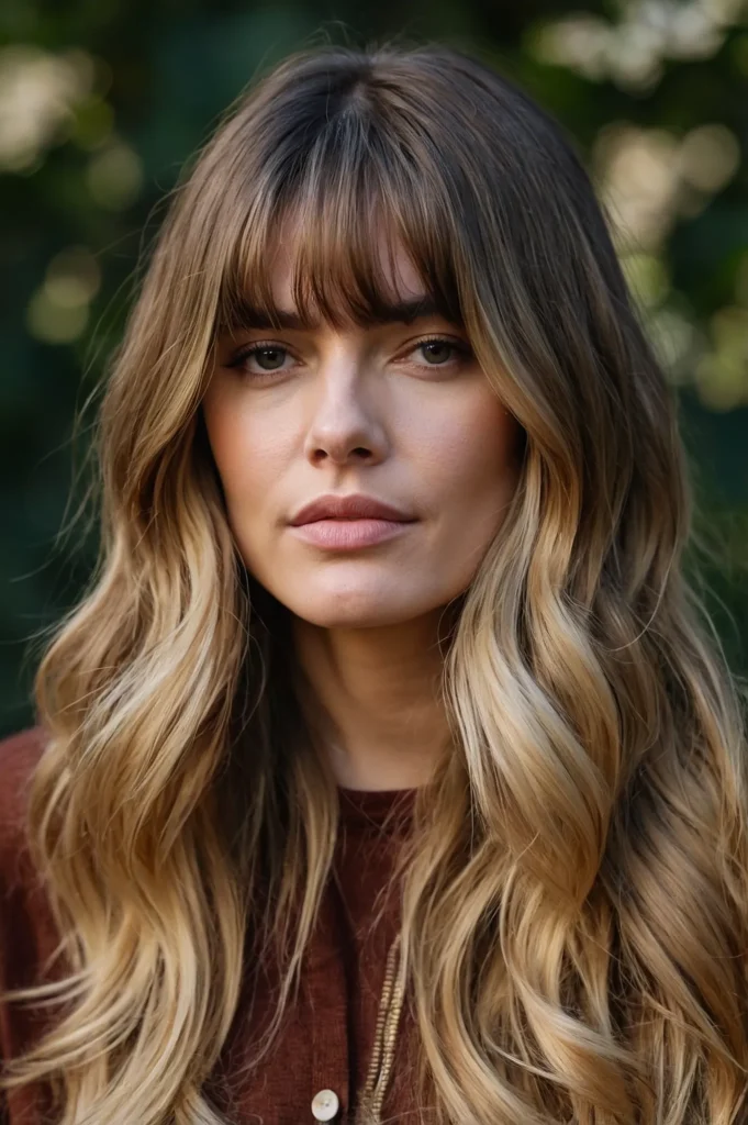 Curtain Bangs with Loose WavesLong brunette o