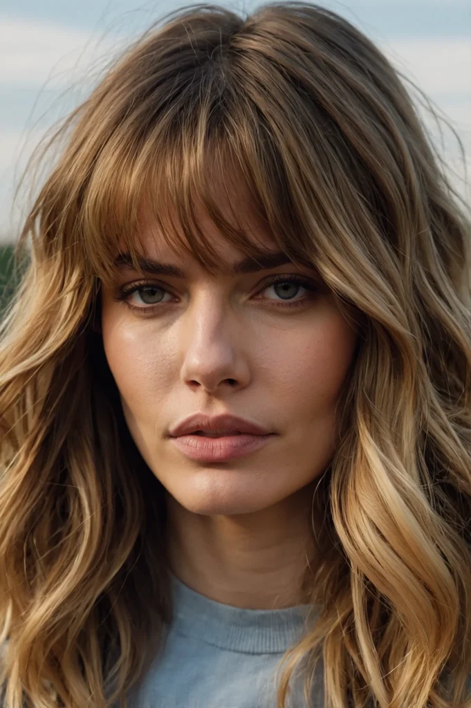 Curtain Bangs with Loose WavesLong brunette o