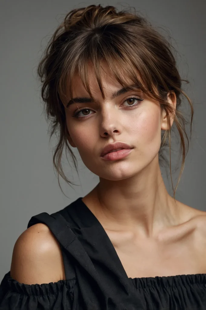 French Girl Bangs Messy UpdoLong parted bang
