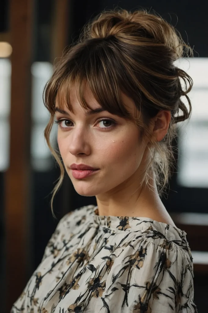 French Girl Bangs Messy UpdoLong parted bang