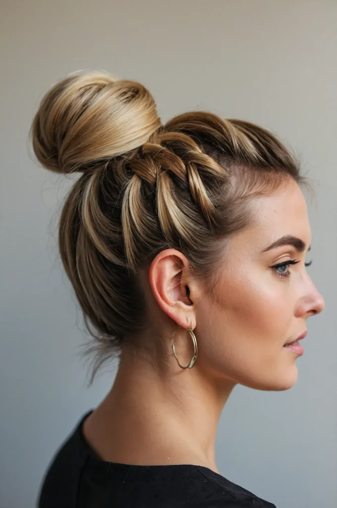 Halfup braided topknot holding back short ban