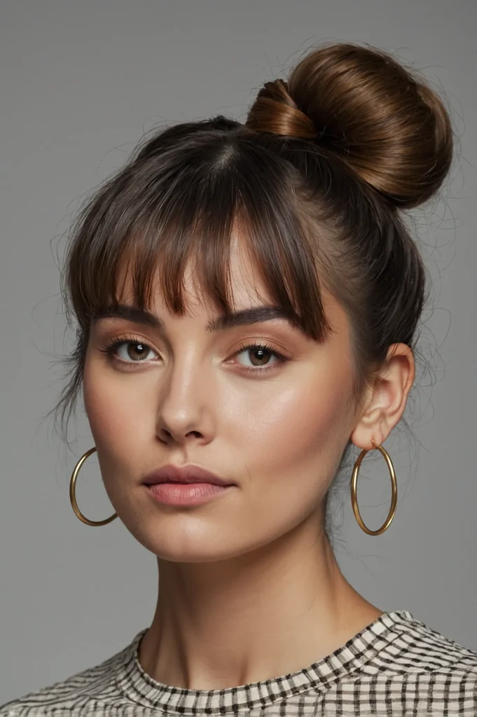 High sleek topknot bun securing grownout bang