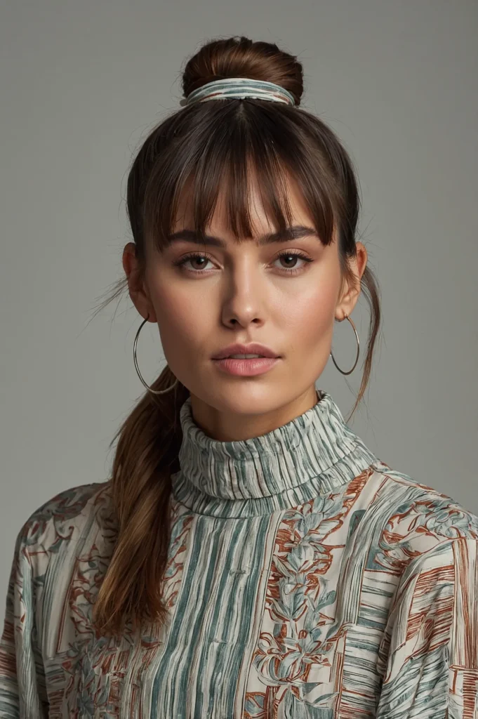High sleek topknot bun securing grownout bang