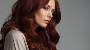 A beautiful woman with long, flowing dark red hair styled in loose, soft waves. Her hair features rich tones of burgundy, deep cherry, and subtle auburn highlights that shimmer under natural lighting. Shot in a studio or outdoor golden-hour setting with a blurred background to keep full focus on the vibrant hair color. Minimal makeup, neutral outfit, and the photo taken from a 3/4 angle to showcase hair volume, shine, and depth. The image should look editorial, elegant, and Pinterest-worthy.