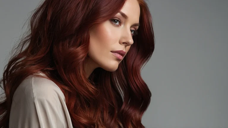 A beautiful woman with long, flowing dark red hair styled in loose, soft waves. Her hair features rich tones of burgundy, deep cherry, and subtle auburn highlights that shimmer under natural lighting. Shot in a studio or outdoor golden-hour setting with a blurred background to keep full focus on the vibrant hair color. Minimal makeup, neutral outfit, and the photo taken from a 3/4 angle to showcase hair volume, shine, and depth. The image should look editorial, elegant, and Pinterest-worthy.