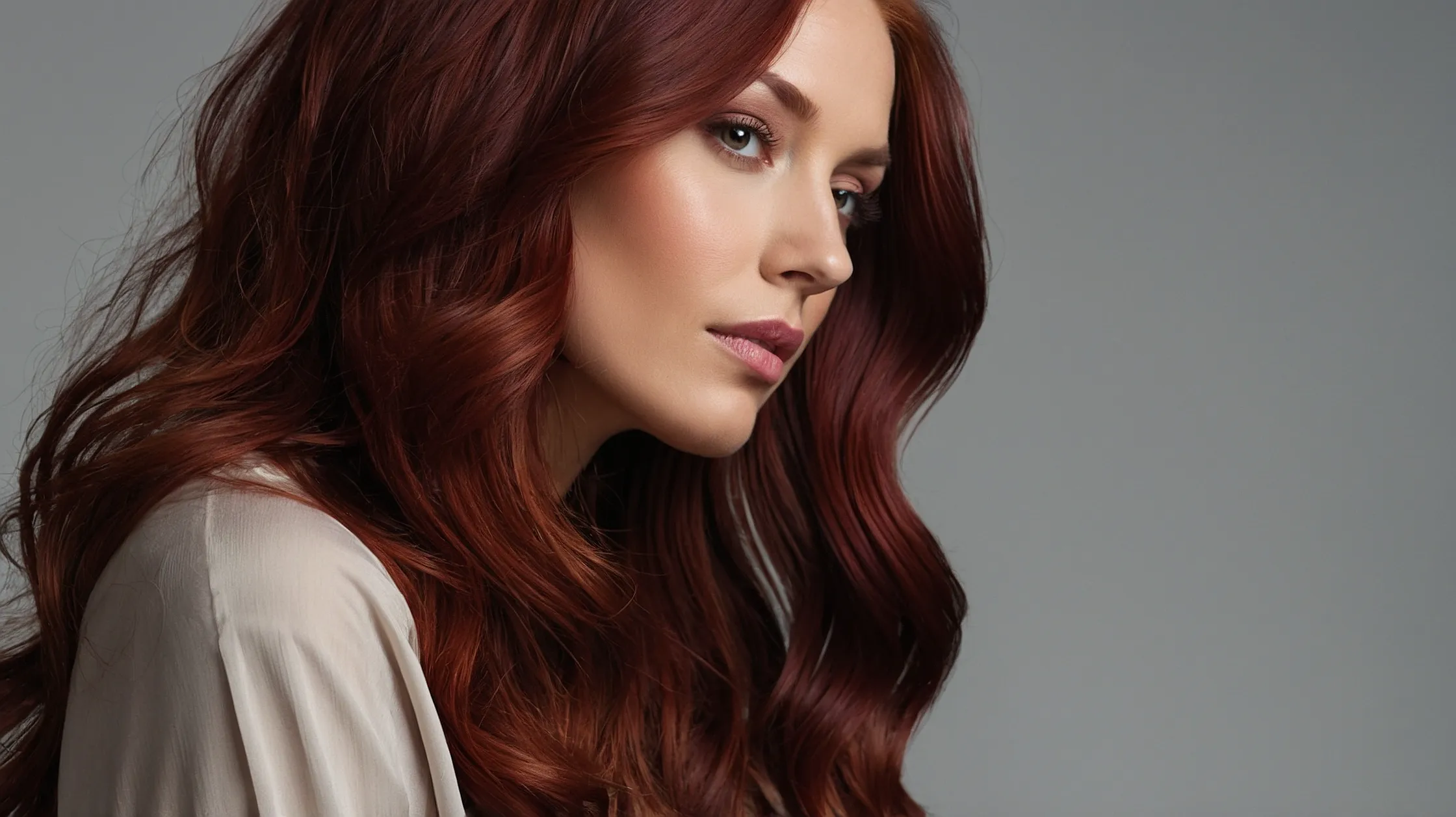 A beautiful woman with long, flowing dark red hair styled in loose, soft waves. Her hair features rich tones of burgundy, deep cherry, and subtle auburn highlights that shimmer under natural lighting. Shot in a studio or outdoor golden-hour setting with a blurred background to keep full focus on the vibrant hair color. Minimal makeup, neutral outfit, and the photo taken from a 3/4 angle to showcase hair volume, shine, and depth. The image should look editorial, elegant, and Pinterest-worthy.