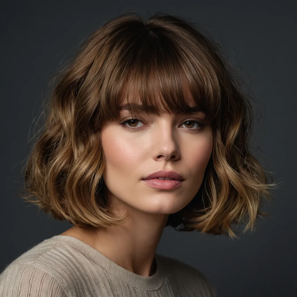 Curtain Bangs with Wavy Medium Bob