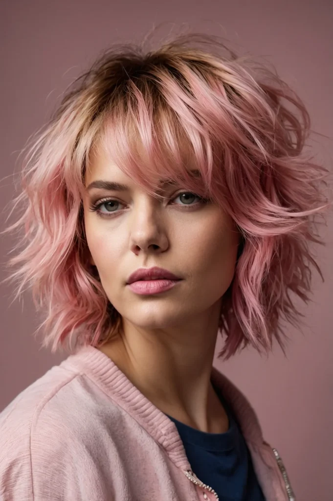 Leonardo Kino XL A tousled messy pink shag haircut styled for