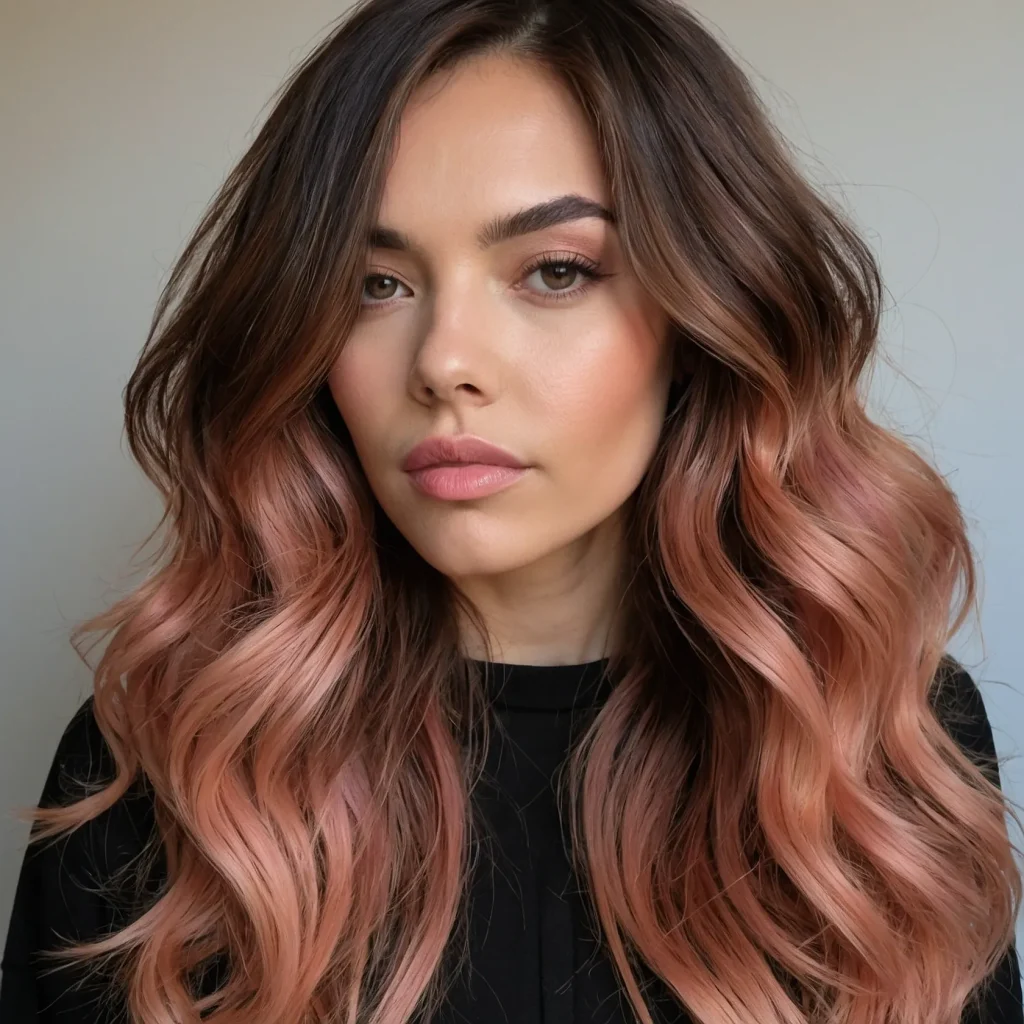 Brown Hair with Rose Peach Highlights