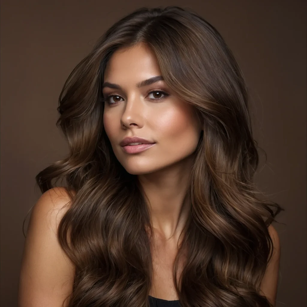 Long chocolate brown waves with warm highlights