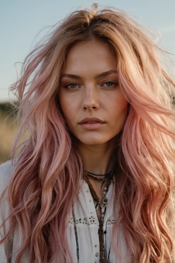 Leonardo Kino XL A woman with long pastel pink shaggy hair flo
