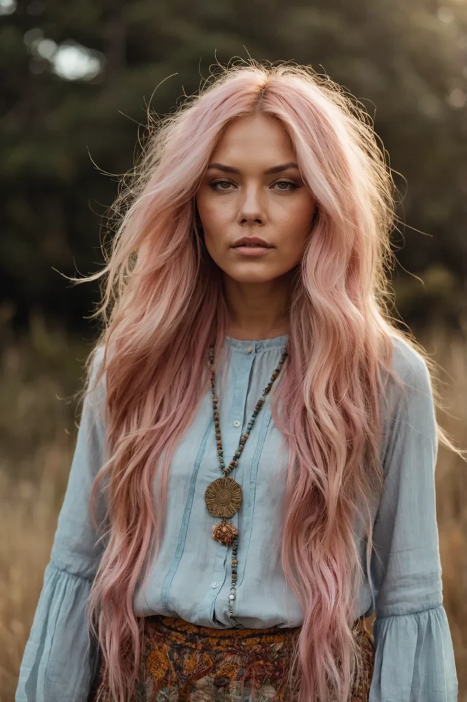 Leonardo Kino XL A woman with long pastel pink shaggy hair flo