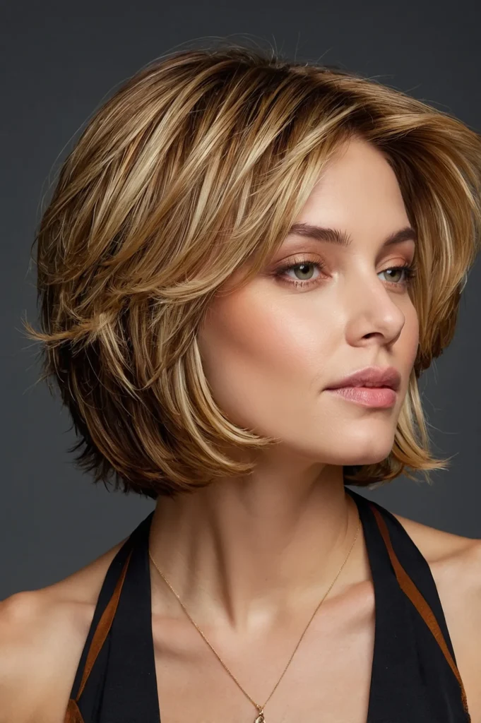 Short Feathered Layered Bob with HighlightsSh