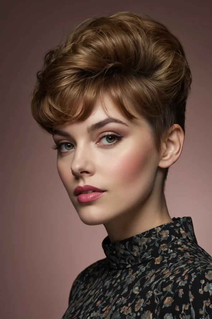 Short bangs styled upward in a voluminous blo