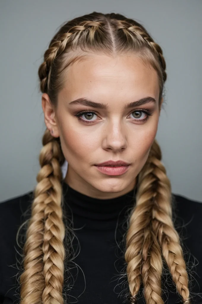 Two tight French or Dutch braids starting fro