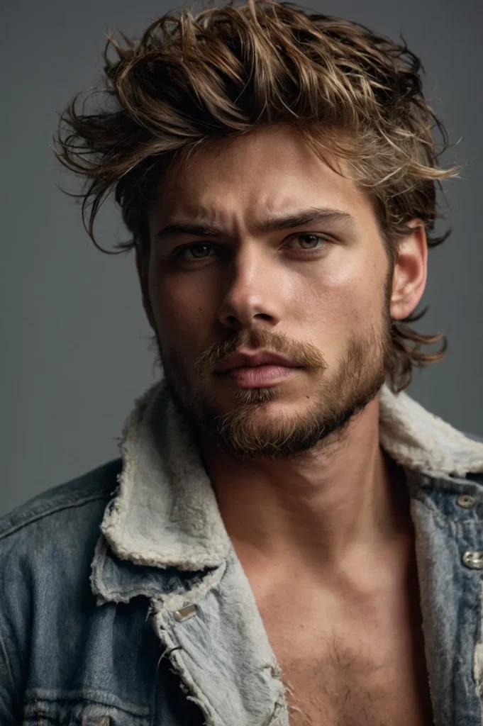 White male model with messy wolf cut tousled