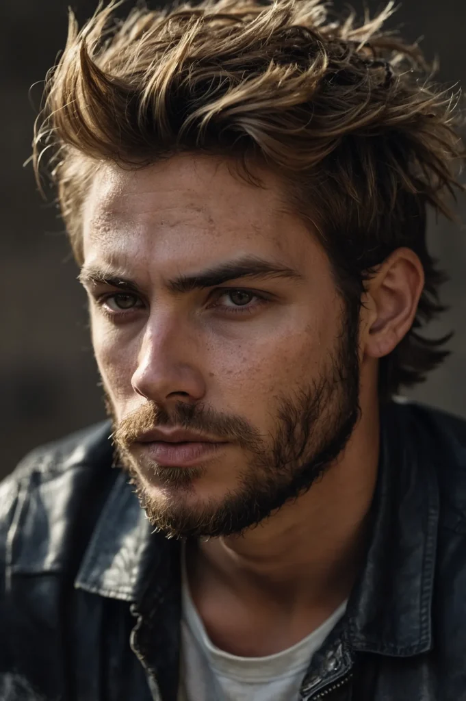 White male model with messy wolf cut tousled