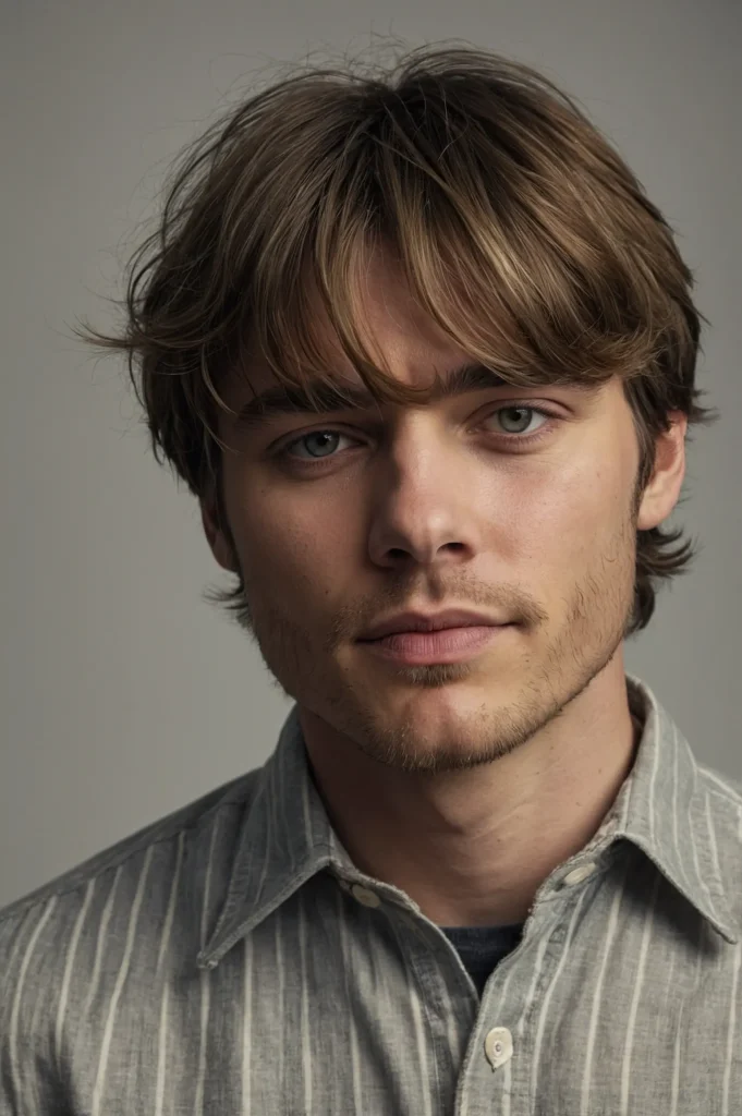 White male with curtain bangs and layered wol