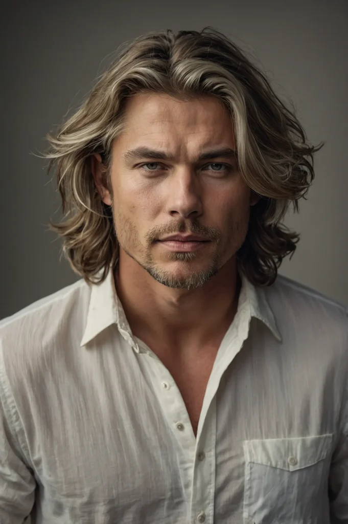 White male with loose wavy wolf cut midlengt