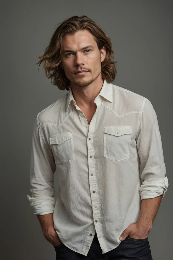 White male with loose wavy wolf cut midlengt