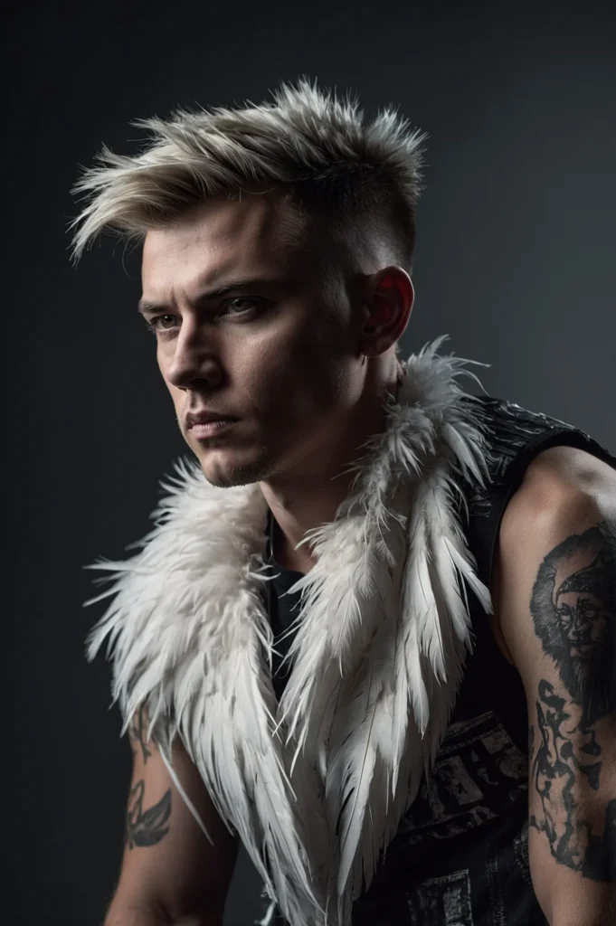 White male with shaved sides and full feather