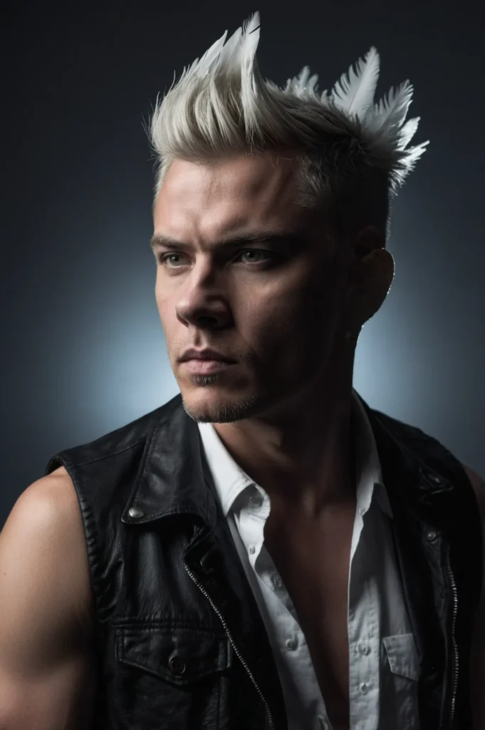 White male with shaved sides and full feather