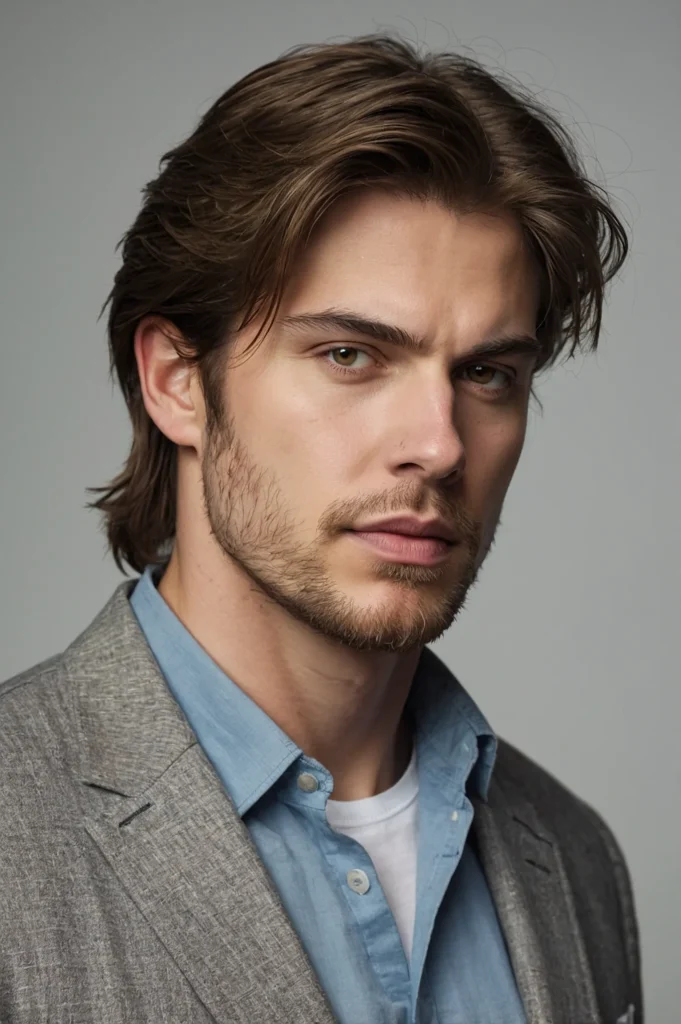 White man with naturally straight hair in a l