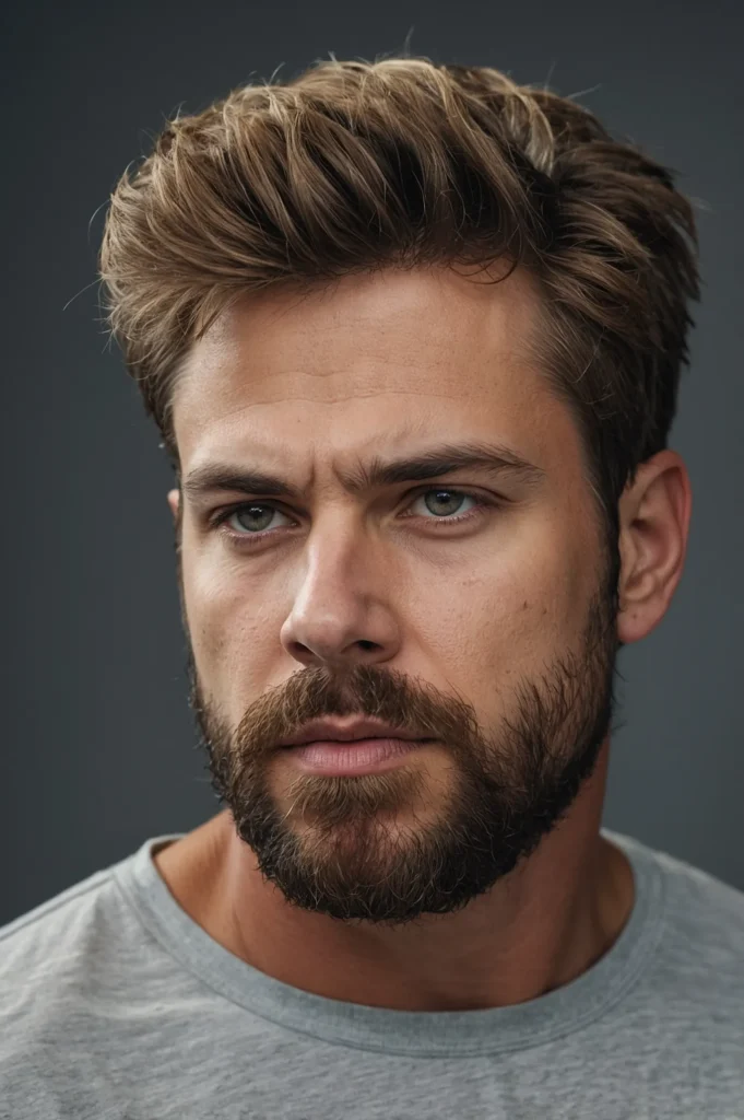 White man with thick hair styled into layered