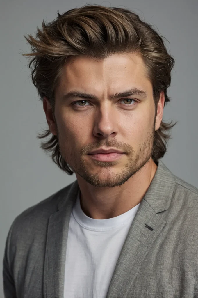 White man with thick hair styled into layered