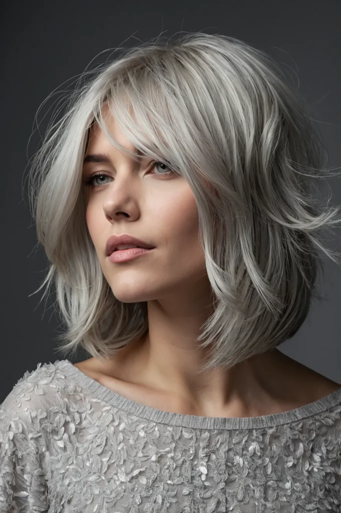 Wispy Silver Long BobLong bob with feathered