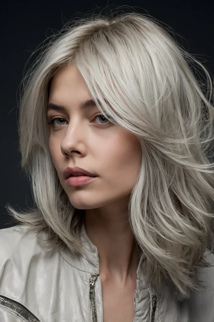 Wispy Silver Long BobLong bob with feathered