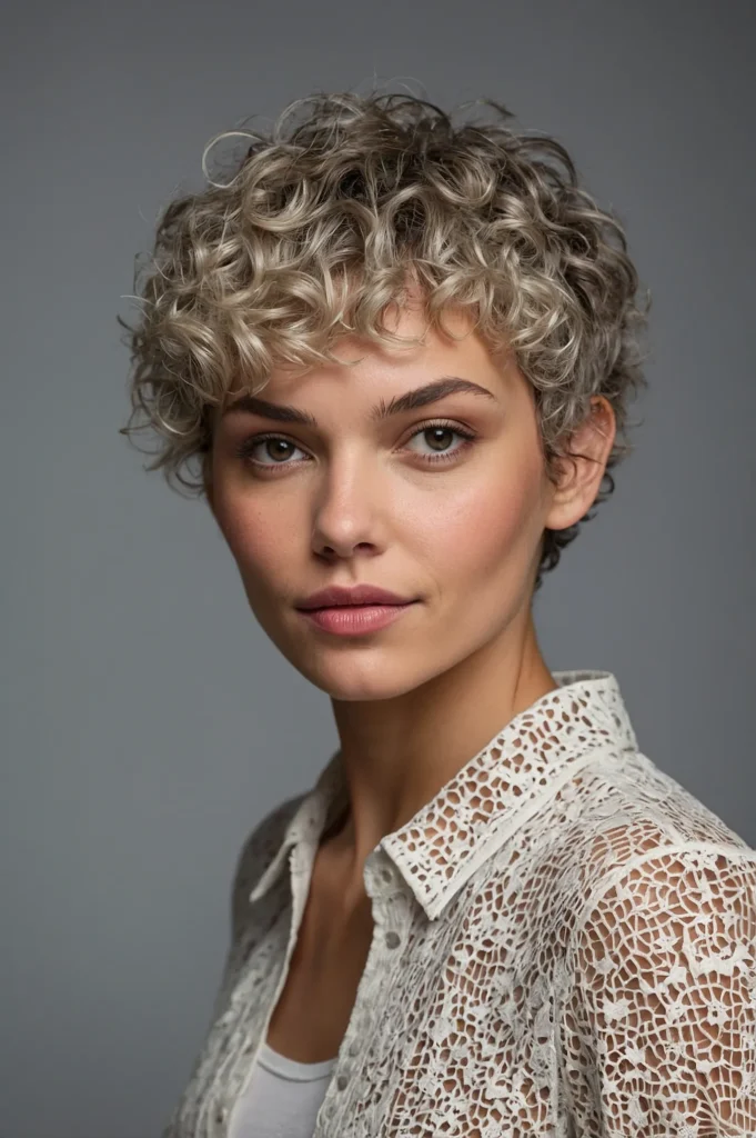 Curly Pixie Cut with BangsWhite woman short c