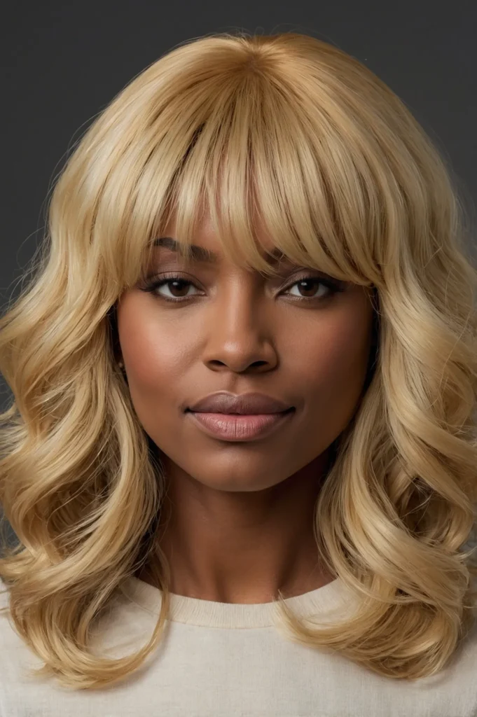ShoulderLength Wavy Blonde Wig With Wispy Ban