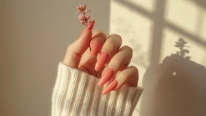 Coral Pink Press Chrome Nails